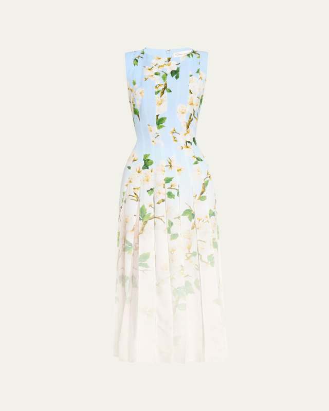 Sleeveless Cherry Blossom Pleated Cady Midi Dress